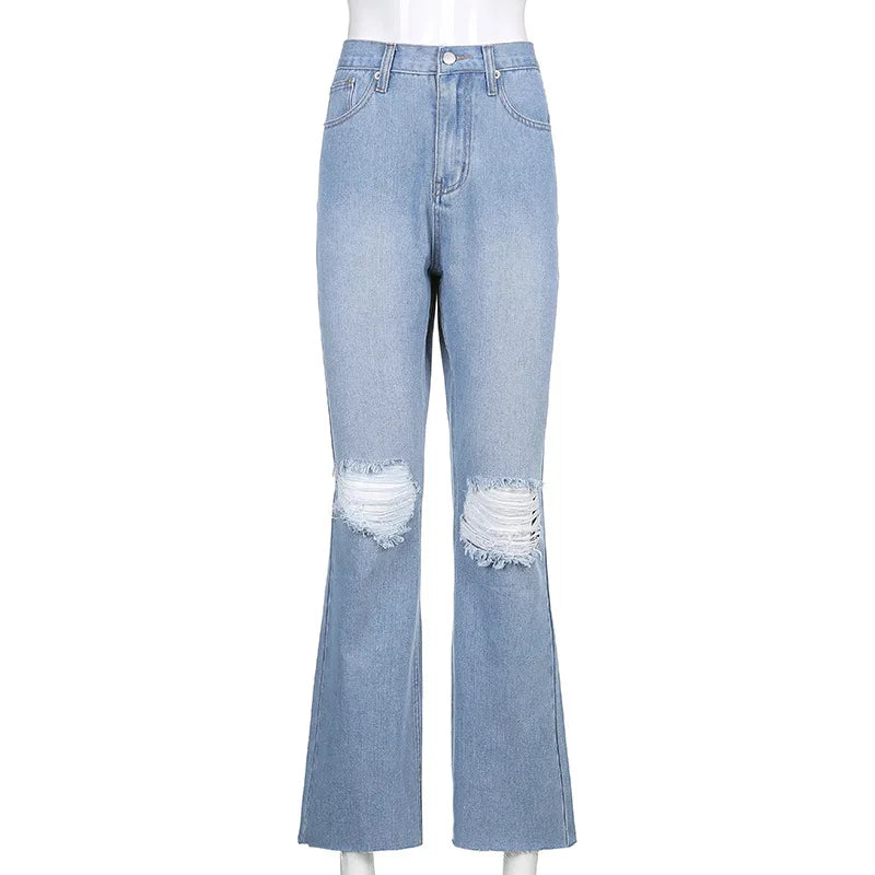 Women Vintage Ripped Flare Bell Bottom Jeans High Waisted Wide Leg Raw Hem Denim Pants Casual Slim Fitting Trousers with Pocket