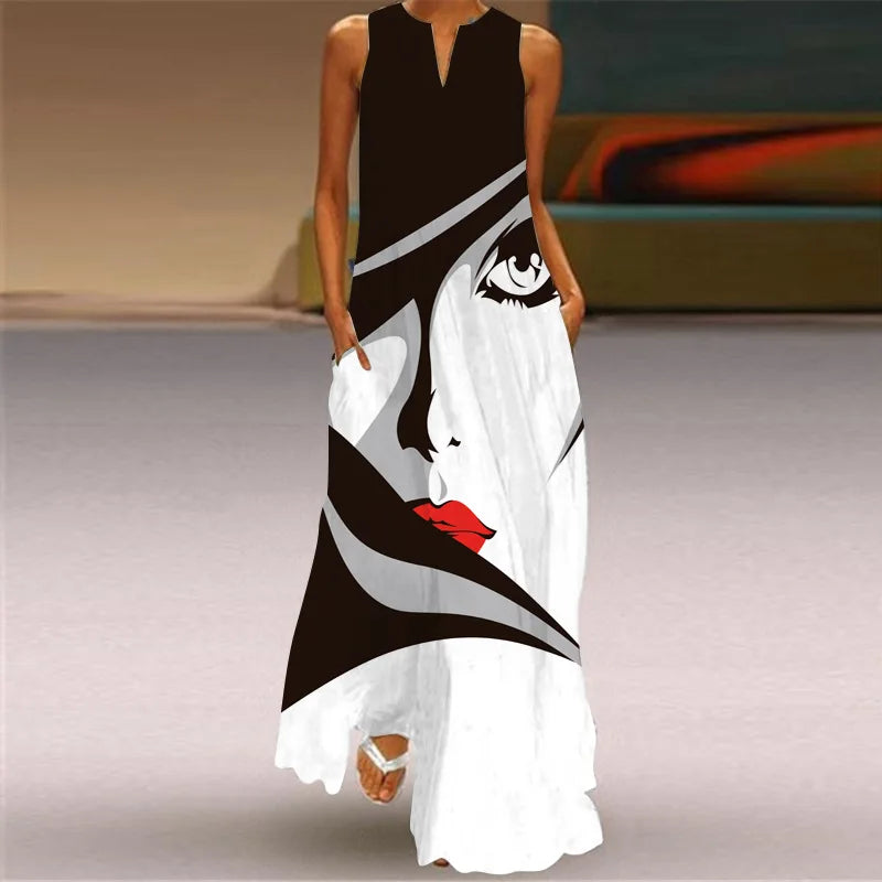 Mask printing Dress Sexy Sleeveless Dress  V-Neck  Casual  Clothing Women