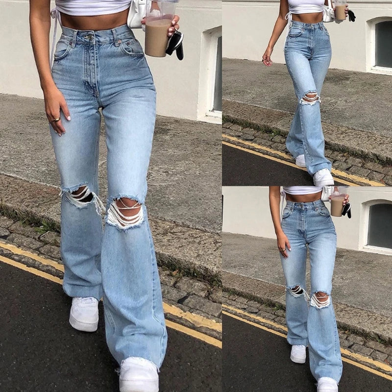 Women Vintage Ripped Flare Bell Bottom Jeans High Waisted Wide Leg Raw Hem Denim Pants Casual Slim Fitting Trousers with Pocket