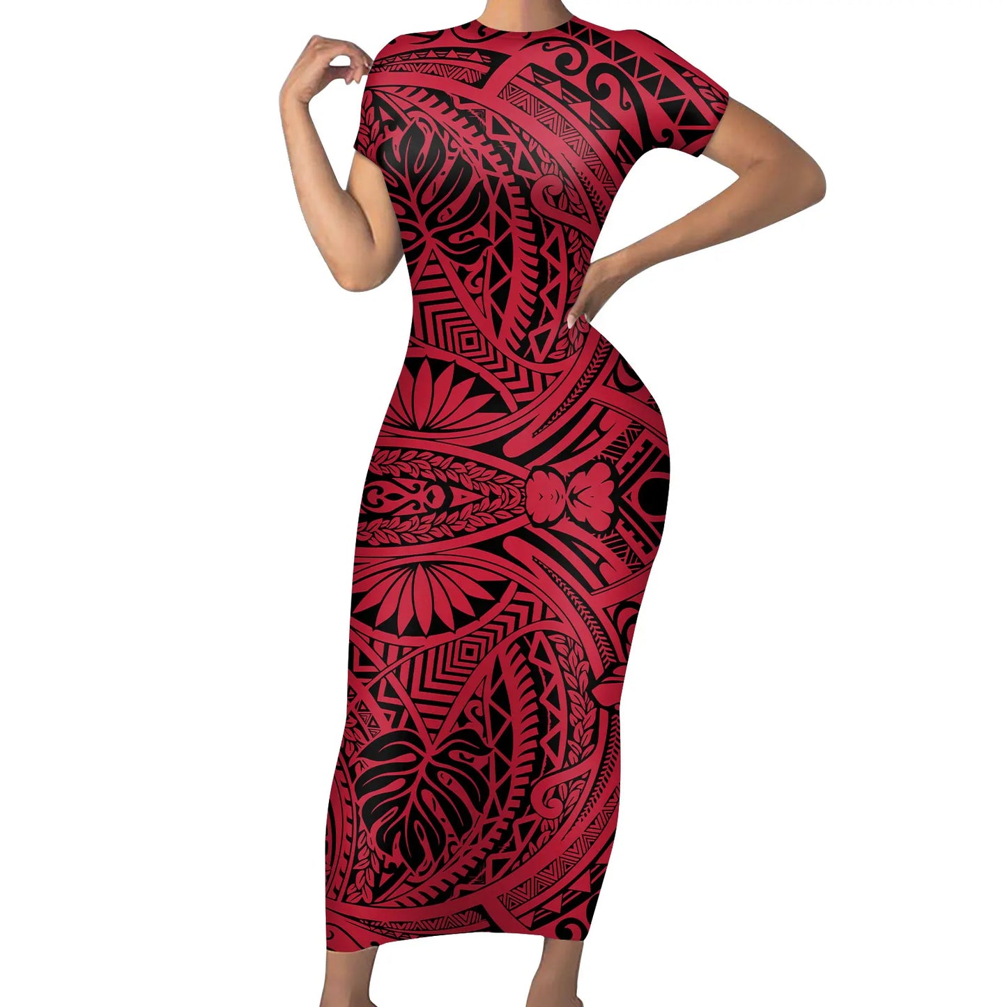 Wholesale Price Custom Women's Dress Polynesian Tribal Maroon Background With Plumeria Ladies Summer Tight New Design Dress