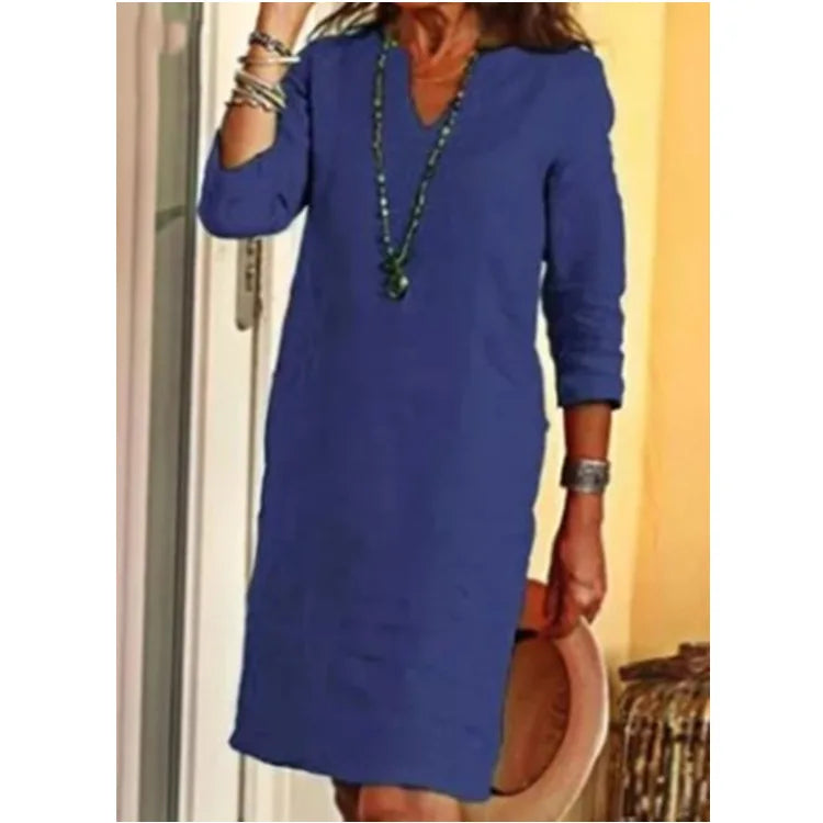 Vintage Women Solid Mini Dress Summer Fashion V-neck Three Quater Sleeve Cotton Linen Dress Ladies Casual Holiday Vestidos