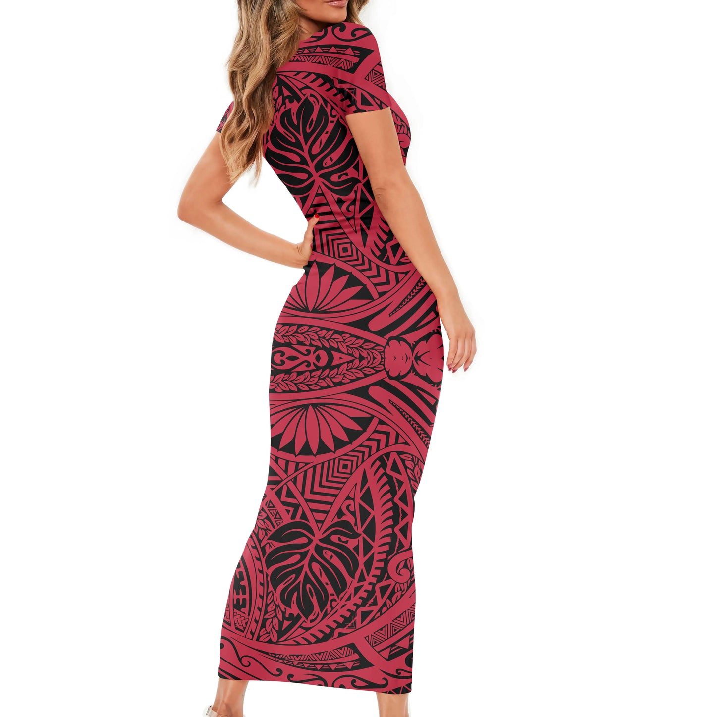 Wholesale Price Custom Women's Dress Polynesian Tribal Maroon Background With Plumeria Ladies Summer Tight New Design Dress