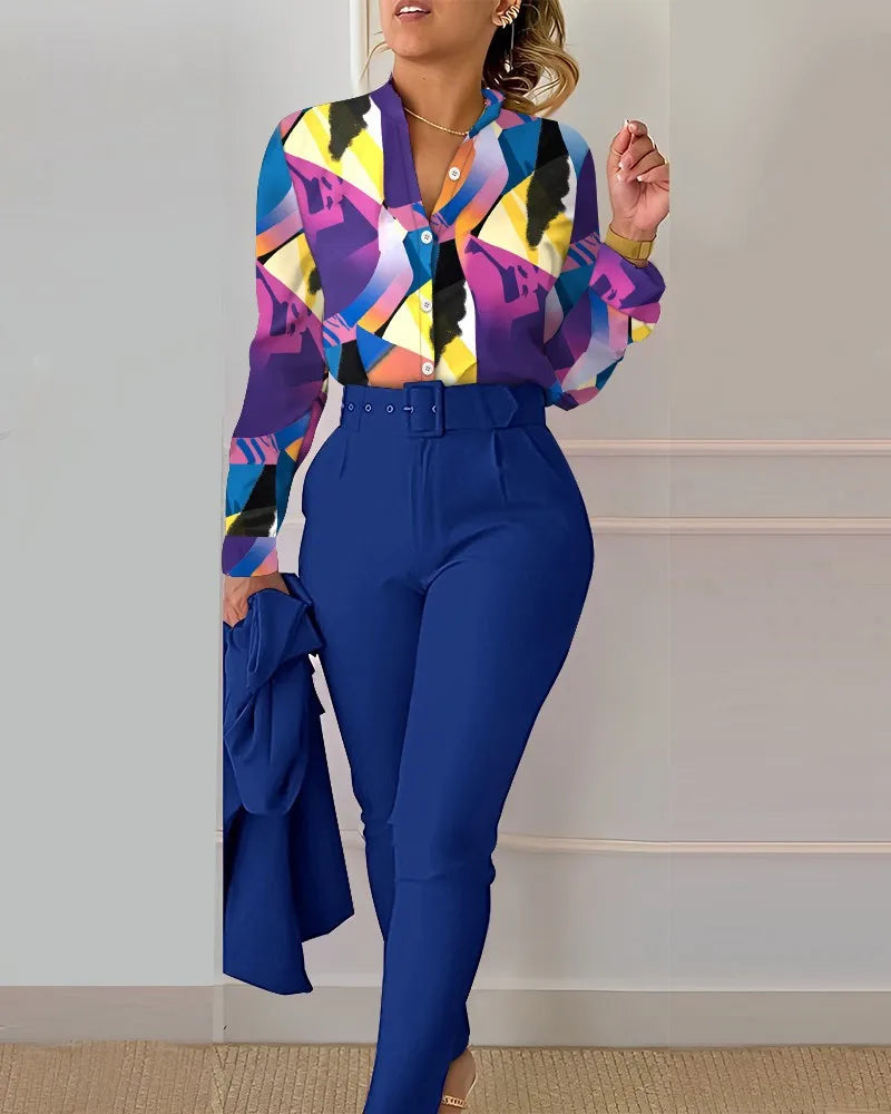 Elegant Long Sleeve Shirt Pants Set Office Lady Spring Autumn V Neck Floral Print Trousers Two Piece Set Women Outfit 2023