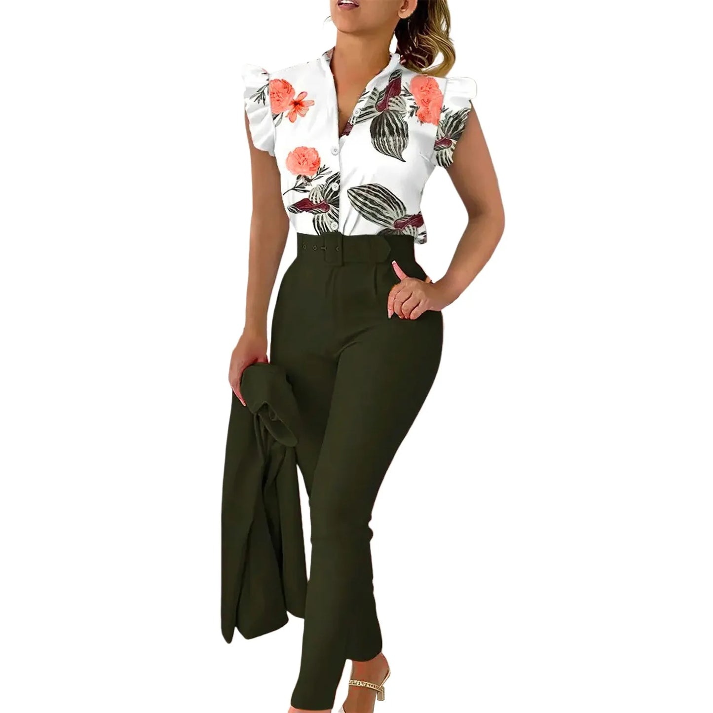 Elegant Short Sleeve 2 Piece Sets Women Outfit Fashion Office Lady V Neck Shirt Pants Set Floral Print Trousers Two Piece Set