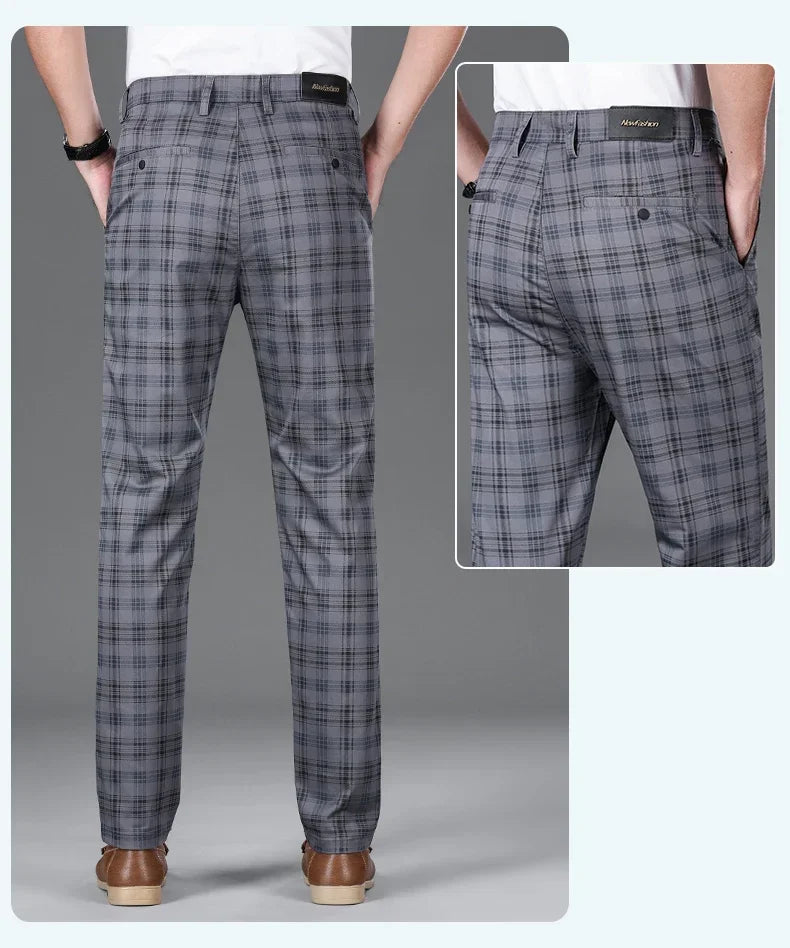 2024 Summer Classic Simple Straight Casual Pants for Men Personalized Checkered Versatile Stretch Business Casual Slim Trousers