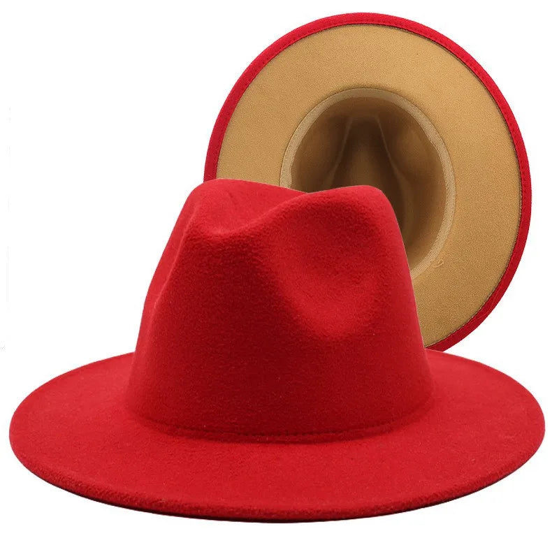 QBHAT Two-color Fedora Hat Women Men Wide Brim Felt Jazz Hat Ladies Party Top Cap Patchwork Chapeau Sombreros De Mujer 50 Colors