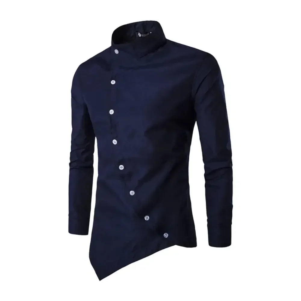 Mens Shirts Stand Collar Dress Chemise Formal Slim Fit Long Sleeve Irregular Hem Blouse Social Camisa Business Office Apparel