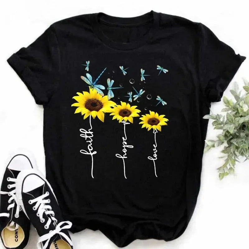 COTTON 100% Casual Cute Sunflower Butterfly Print T-shirt Comfortable Women's Black Top Oversized T Shirt  Graphic Tshirts