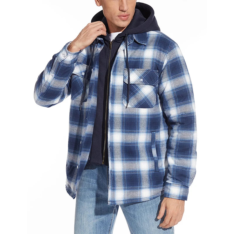 MAGCOMSEN Men's Flannel Shirt Jacket with Removable Hood Plaid Quilted Lined Casual Outerwear Winter Thermal Windbreaker Jackets