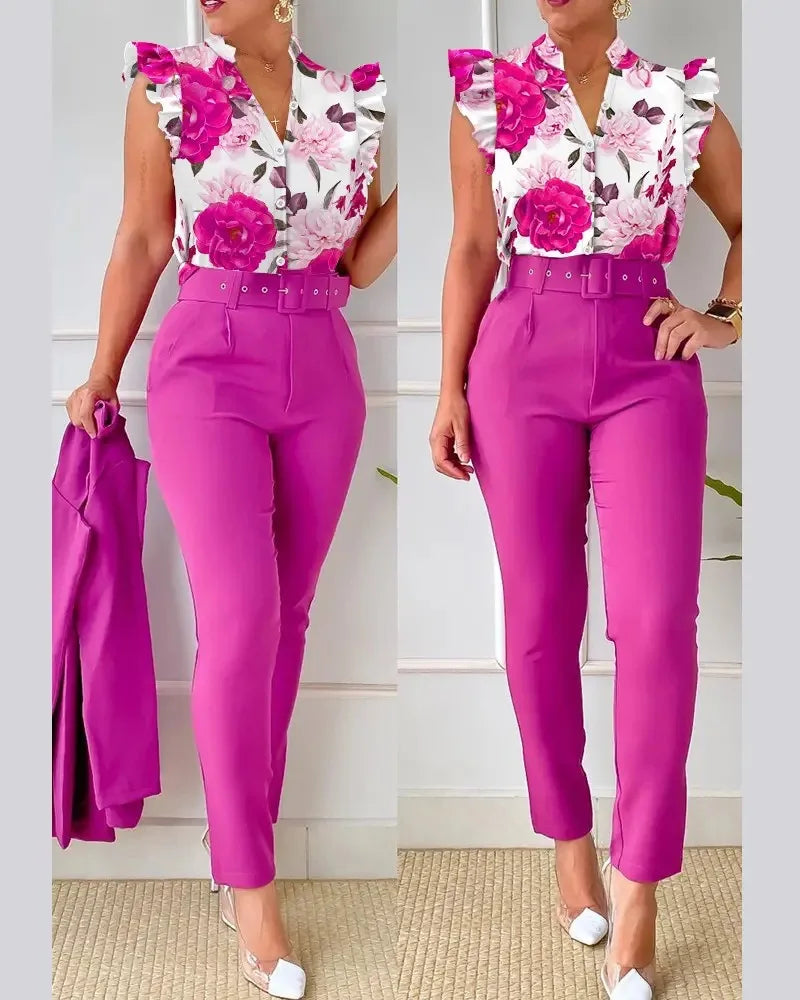 Women Slim Two-Piece Sets Summer Elegant Fashion Print V Neck Button Flying Sleeve Shirt Top & Solid Long Pants Suits With Belt