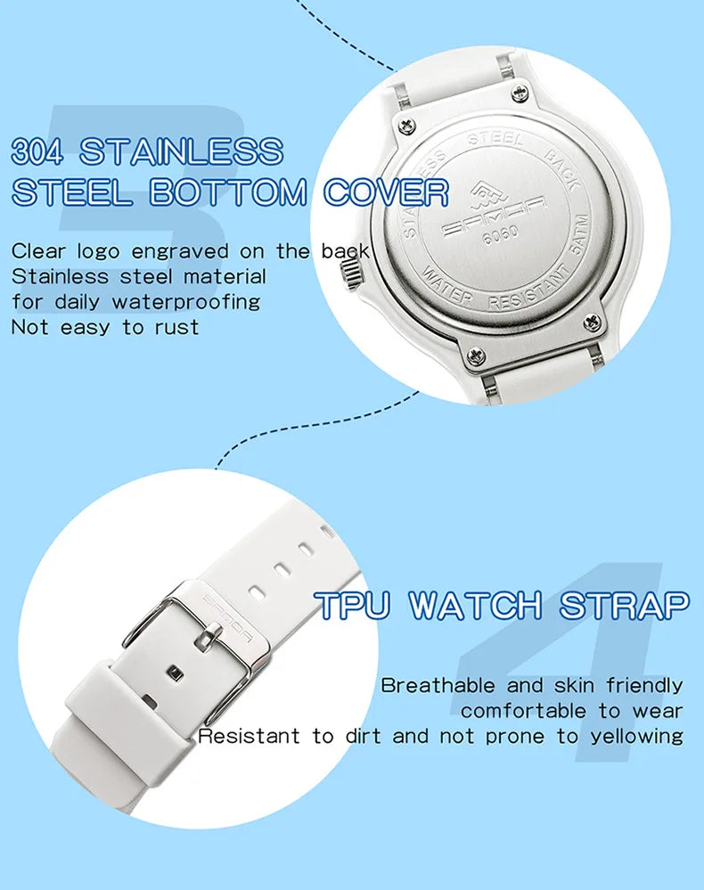 SANDA 9072 White Watches New Design Soft TPU Strap Water Resistant Quartz Movement Outdoor Sports Analog Wrist Watch for Student