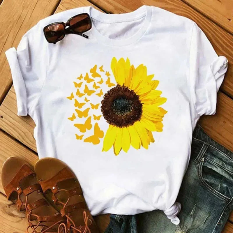 COTTON 100% Casual Cute Sunflower Butterfly Print T-shirt Comfortable Women's Black Top Oversized T Shirt  Graphic Tshirts