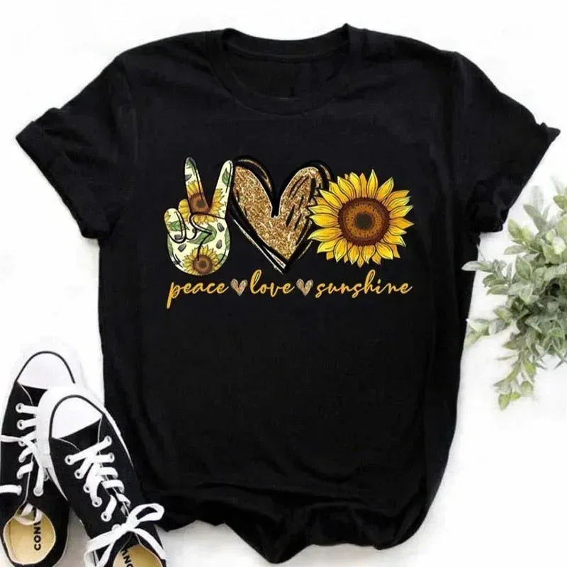 COTTON 100% Casual Cute Sunflower Butterfly Print T-shirt Comfortable Women's Black Top Oversized T Shirt  Graphic Tshirts