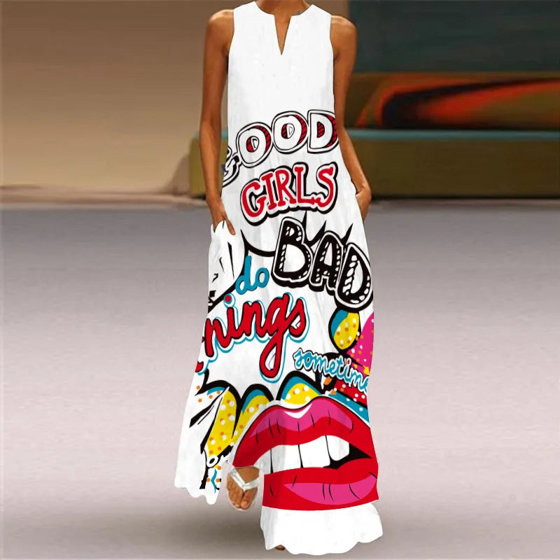 Mask printing Dress Sexy Sleeveless Dress  V-Neck  Casual  Clothing Women