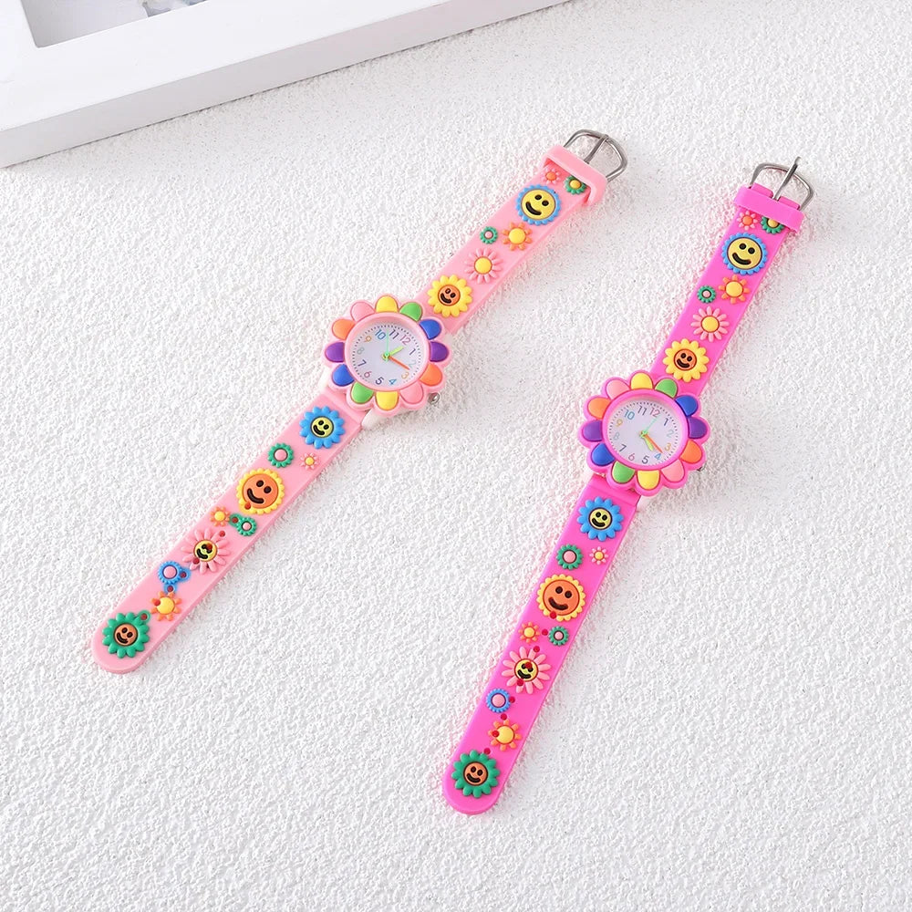 New Colorful Flower Cartoon Watches for Kids Cute Sweet Pink Silicone Strap Quartz Children Wristwatch Girls Watch Gifts