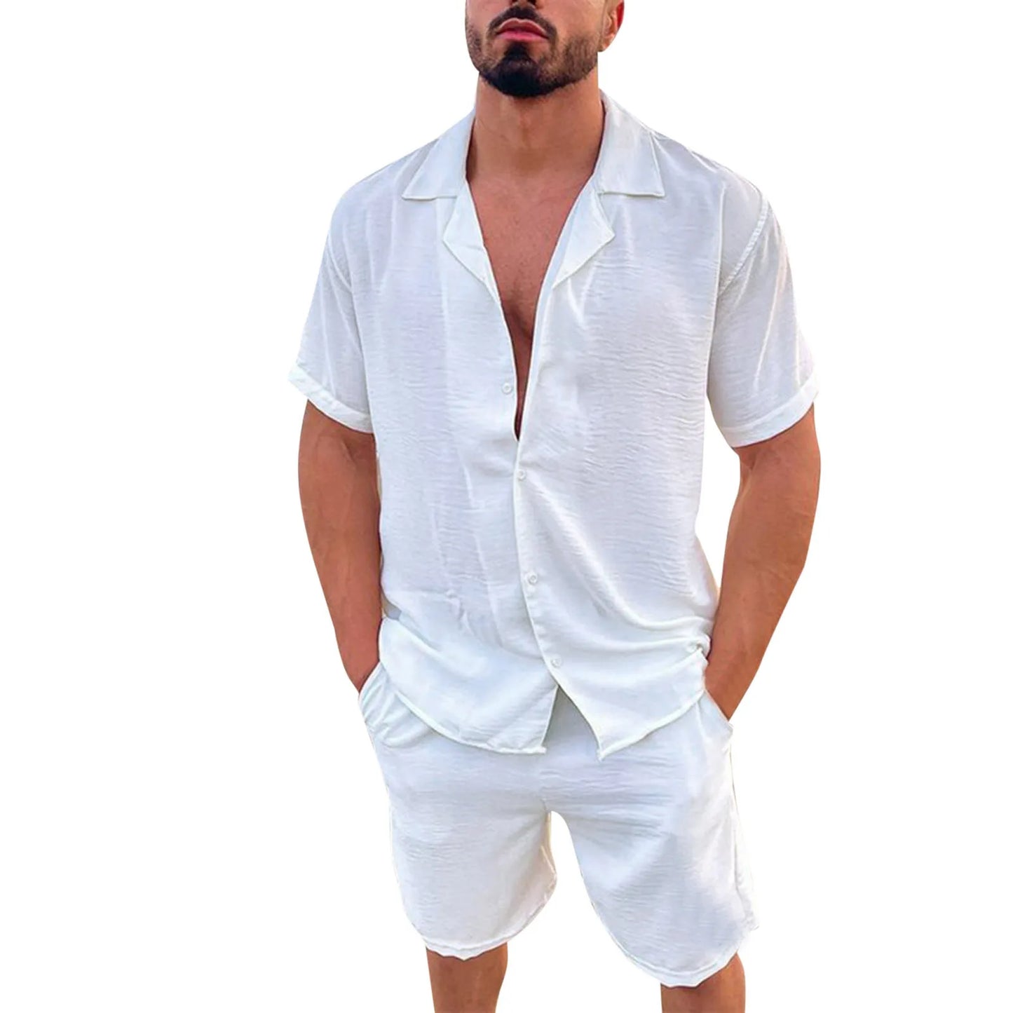 New 2024 Men's Summer Cotton Linen Sets Solid Short Sleeve Lapel Shirts and Shorts Sets Man Hawaiian Beach Holiday Clothing Sets