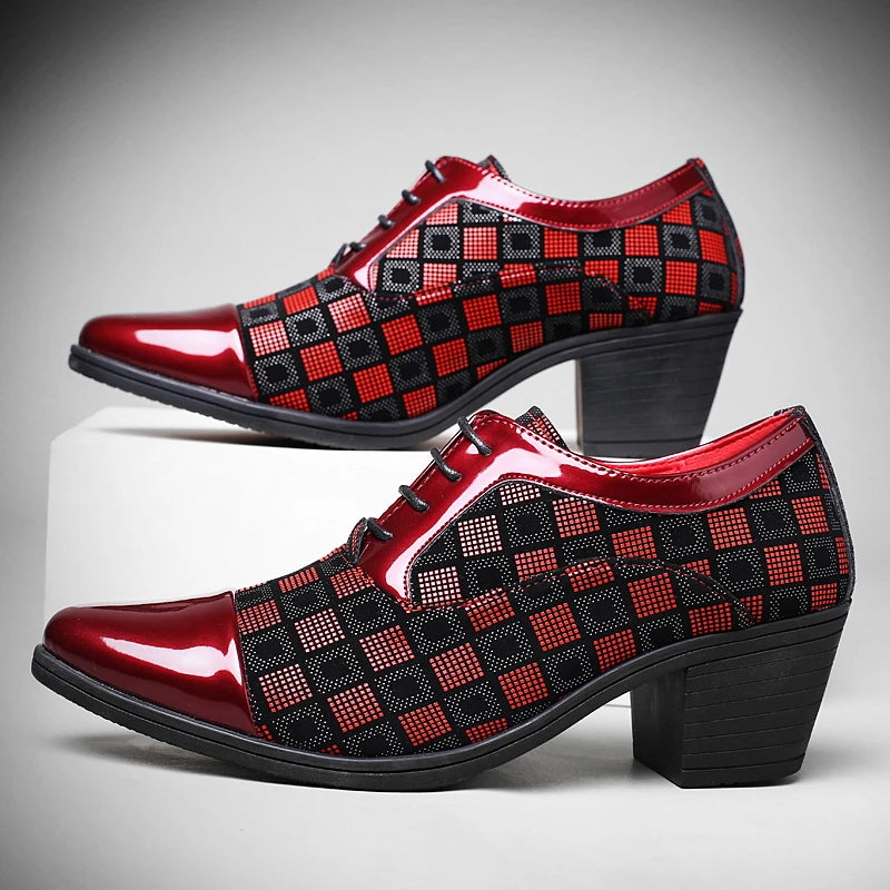 New Fashion Red Plaid Men's Dress Shoes Pointed Leather High Heel Shoes Men Height Increasing Wedding Shoes Men Zapatos Hombre