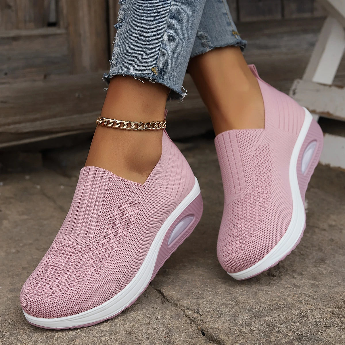 Women's Mesh Breathable Casual Sneakers Knitting Slip On Platform Sports Shoes for Women Comfortable Air Cushion Walking Shoes