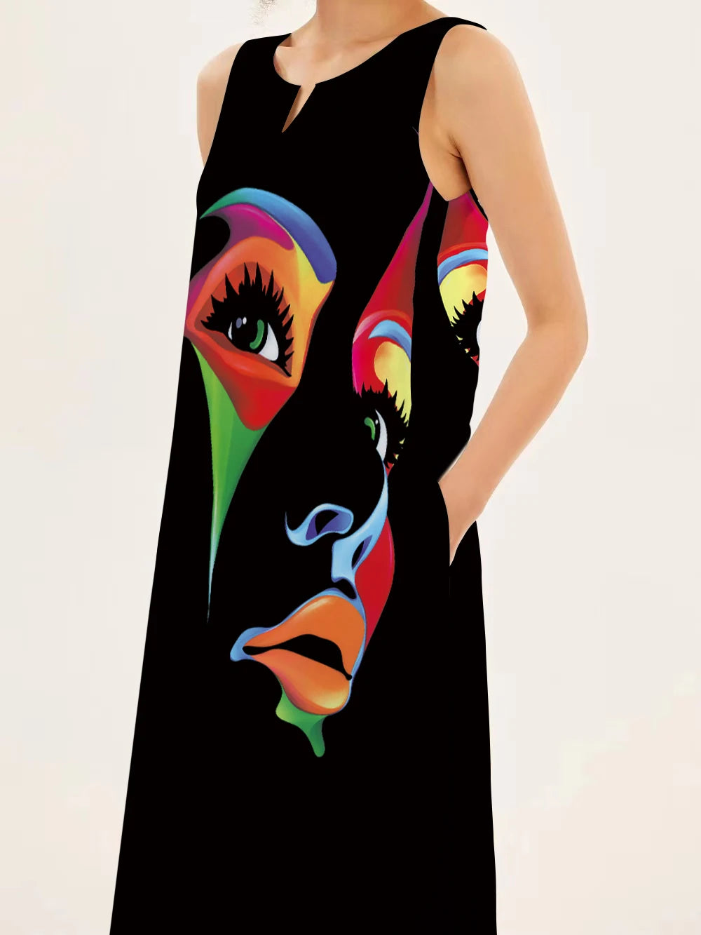 Mask printing Dress Sexy Sleeveless Dress  V-Neck  Casual  Clothing Women