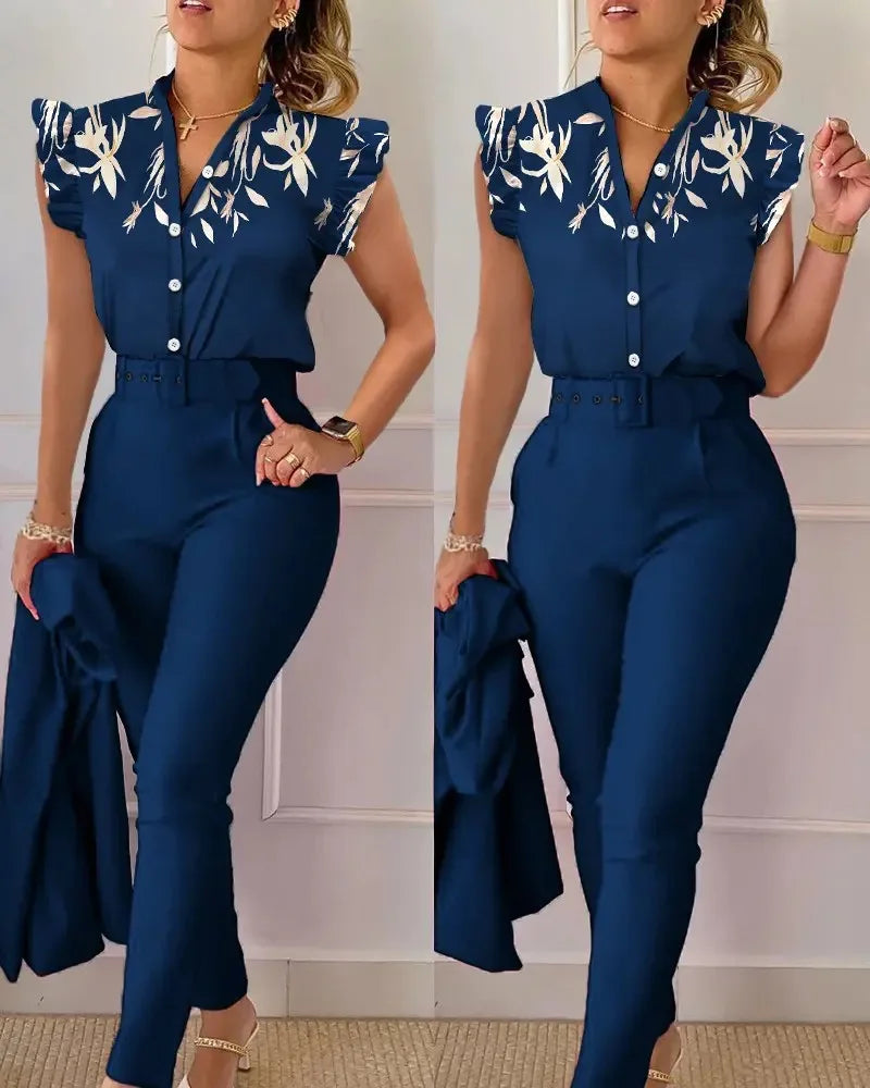 Women Slim Two-Piece Sets Summer Elegant Fashion Print V Neck Button Flying Sleeve Shirt Top & Solid Long Pants Suits With Belt