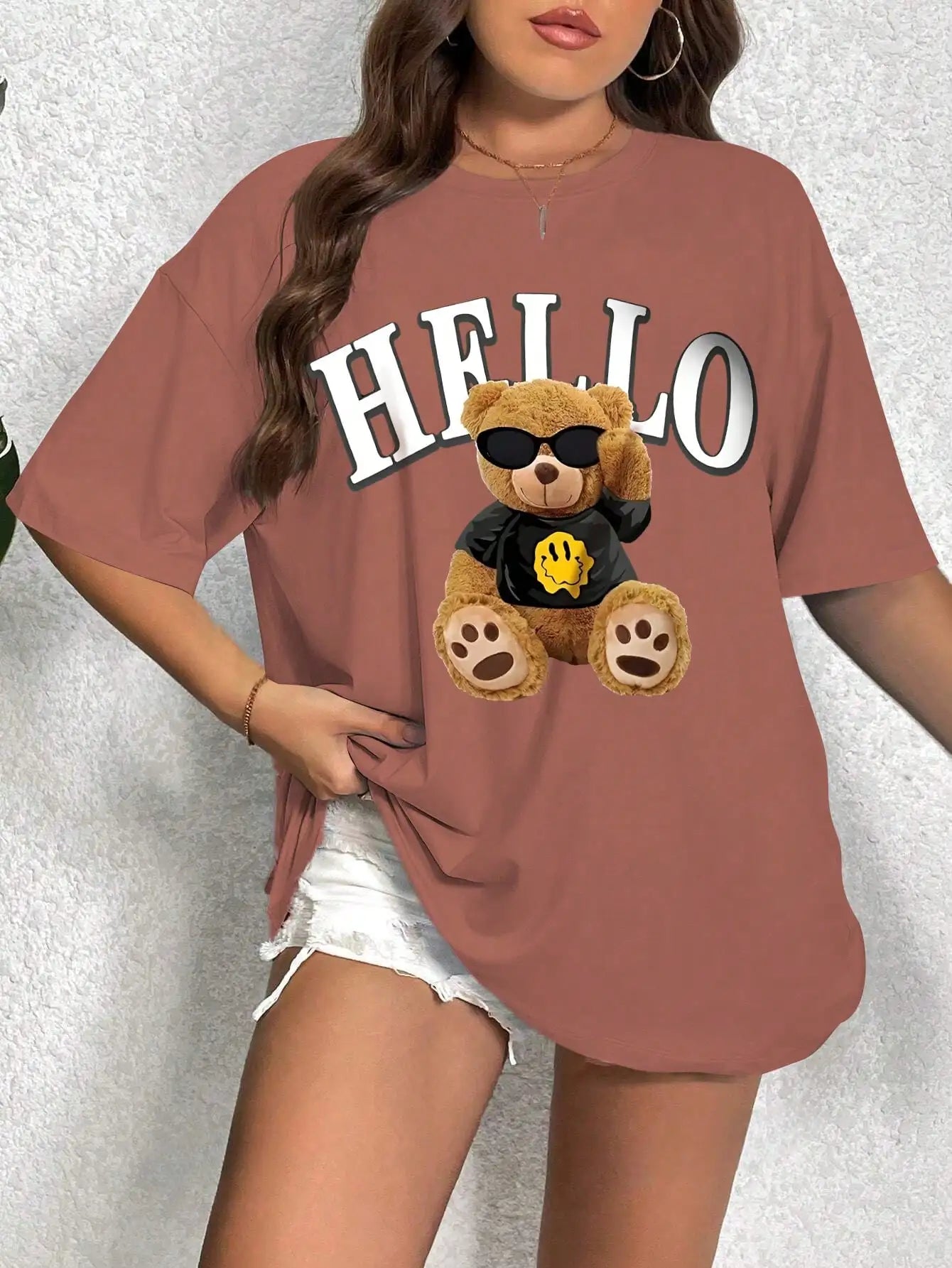 Summer women's fashion versatile casual drop shoulder short-sleeved T-shirt with cute letters and bear print loose top 2024 New