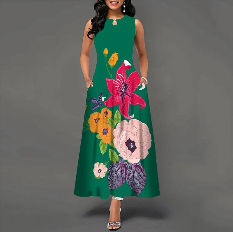 Flower Print New Casual Sleeveless Long Dress Women's V-Neck Printed Dress Swing Bohemian Retro Dresses