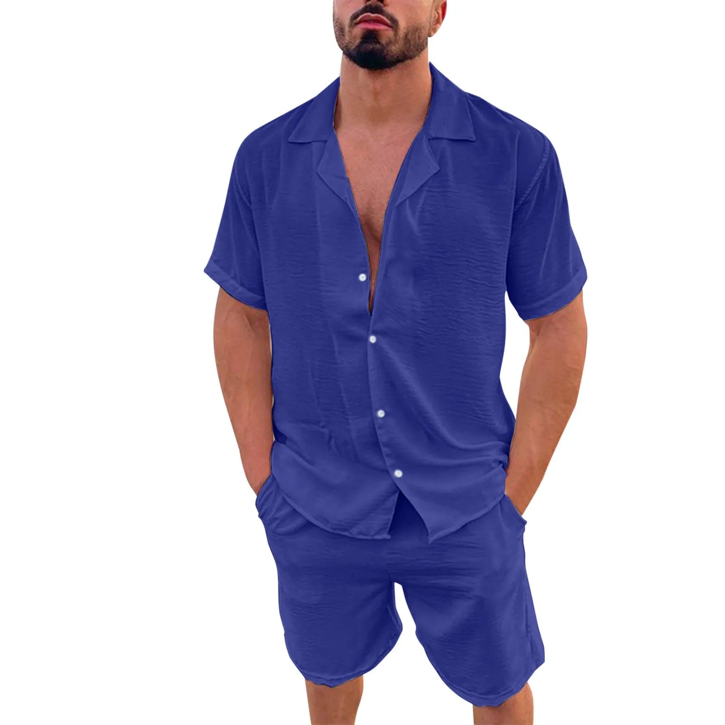 New 2024 Men's Summer Cotton Linen Sets Solid Short Sleeve Lapel Shirts and Shorts Sets Man Hawaiian Beach Holiday Clothing Sets