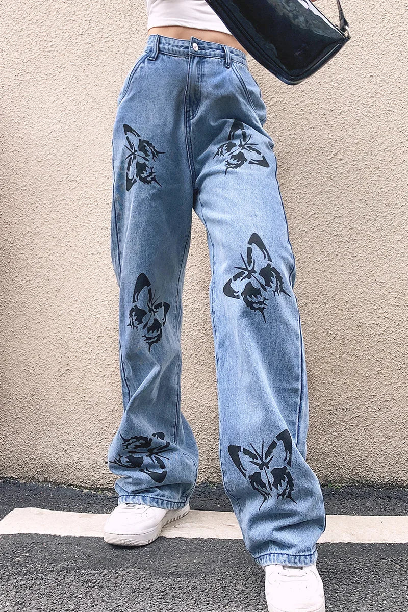 2023 Fall Trousers High Waist Butterfly Print Y2K Jeans For Women Fashion Loose Denim Straight Leg Pants Casual Clothing XS-L