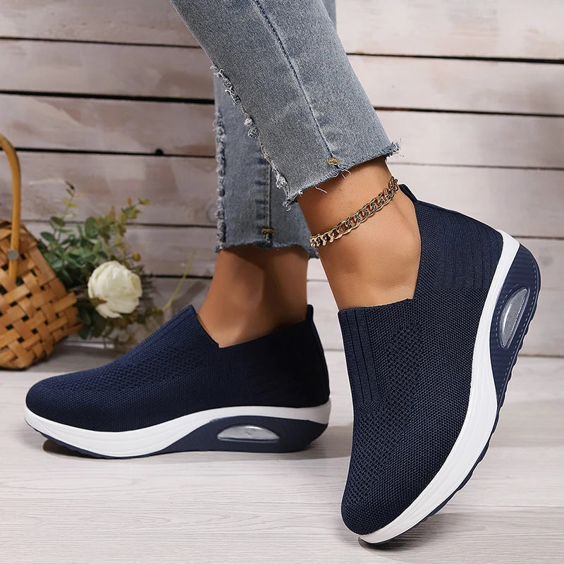 Women's Mesh Breathable Casual Sneakers Knitting Slip On Platform Sports Shoes for Women Comfortable Air Cushion Walking Shoes