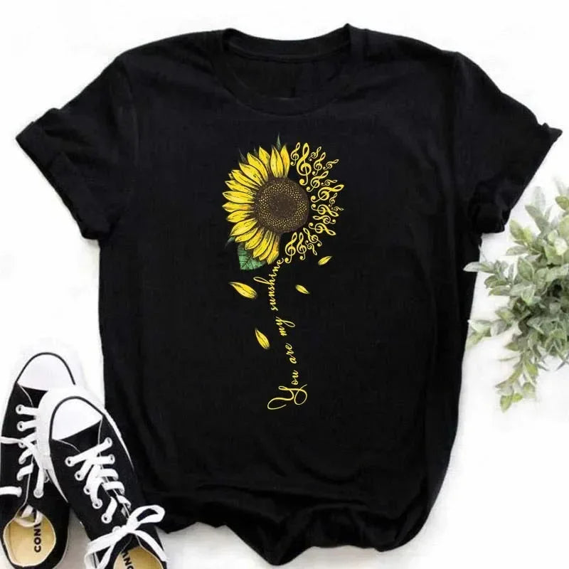 COTTON 100% Casual Cute Sunflower Butterfly Print T-shirt Comfortable Women's Black Top Oversized T Shirt  Graphic Tshirts