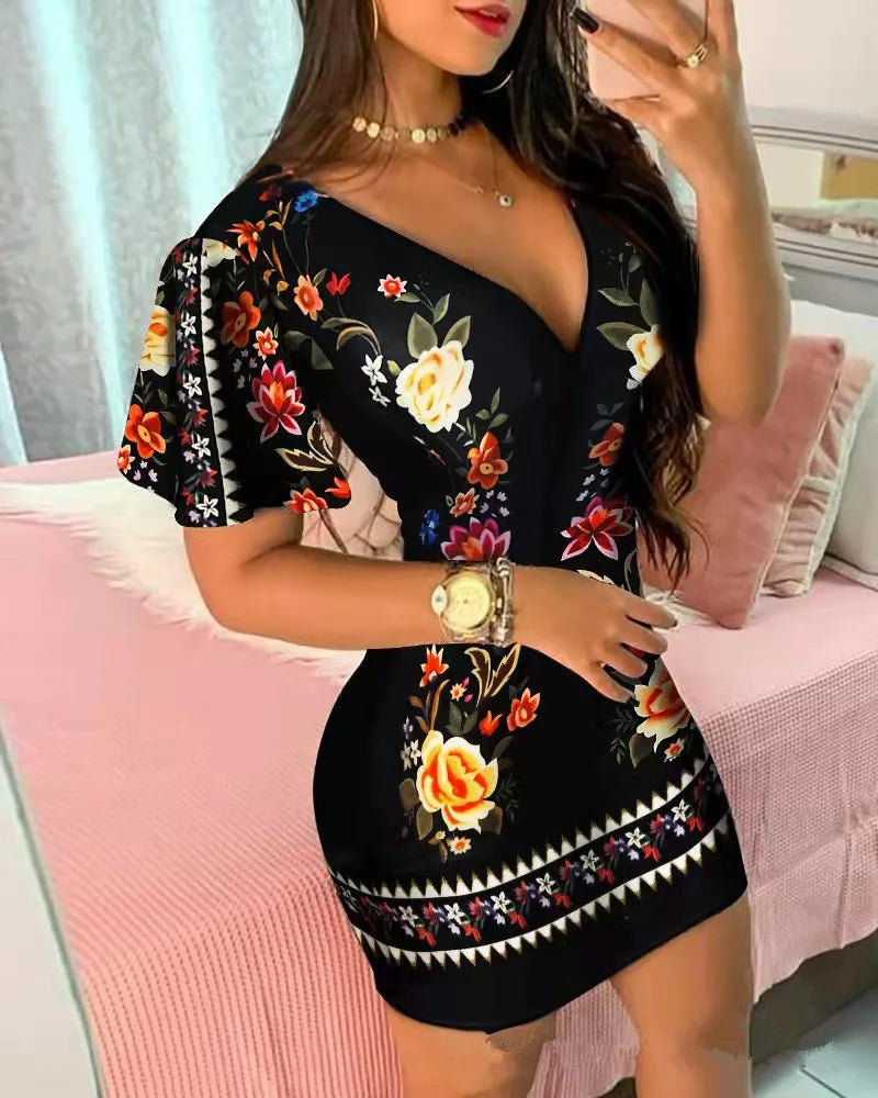 Summer Elegant Floral Print Bodycon Mini Dress Women 2024 Fashion Sexy Deep V-neck Package Hip Dresess Office Lady Party Dress