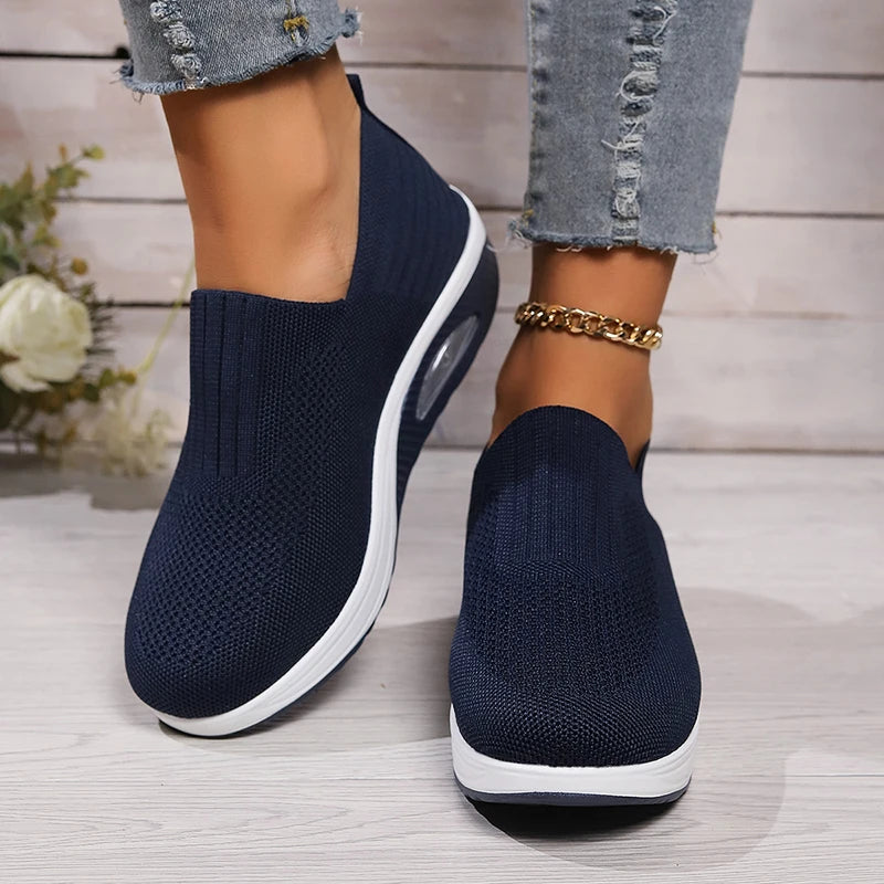 Women's Mesh Breathable Casual Sneakers Knitting Slip On Platform Sports Shoes for Women Comfortable Air Cushion Walking Shoes