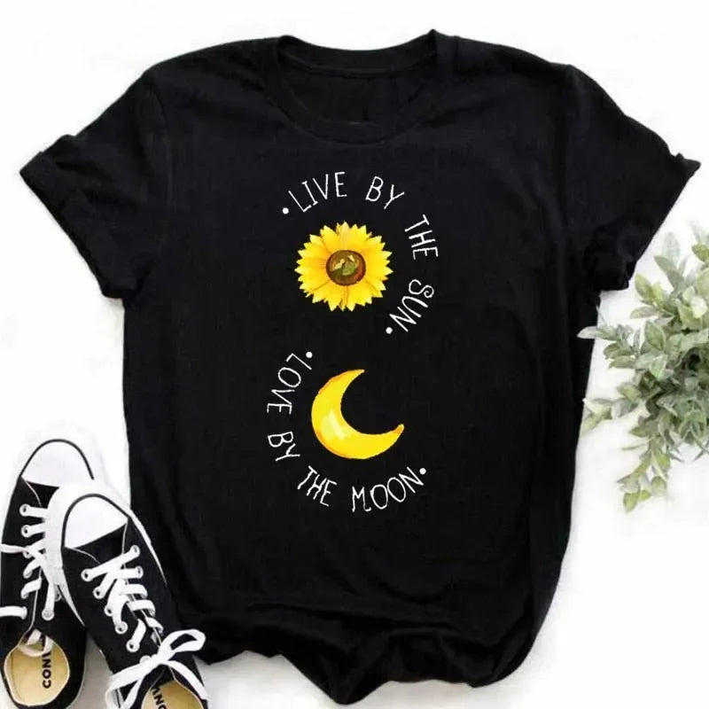 COTTON 100% Casual Cute Sunflower Butterfly Print T-shirt Comfortable Women's Black Top Oversized T Shirt  Graphic Tshirts