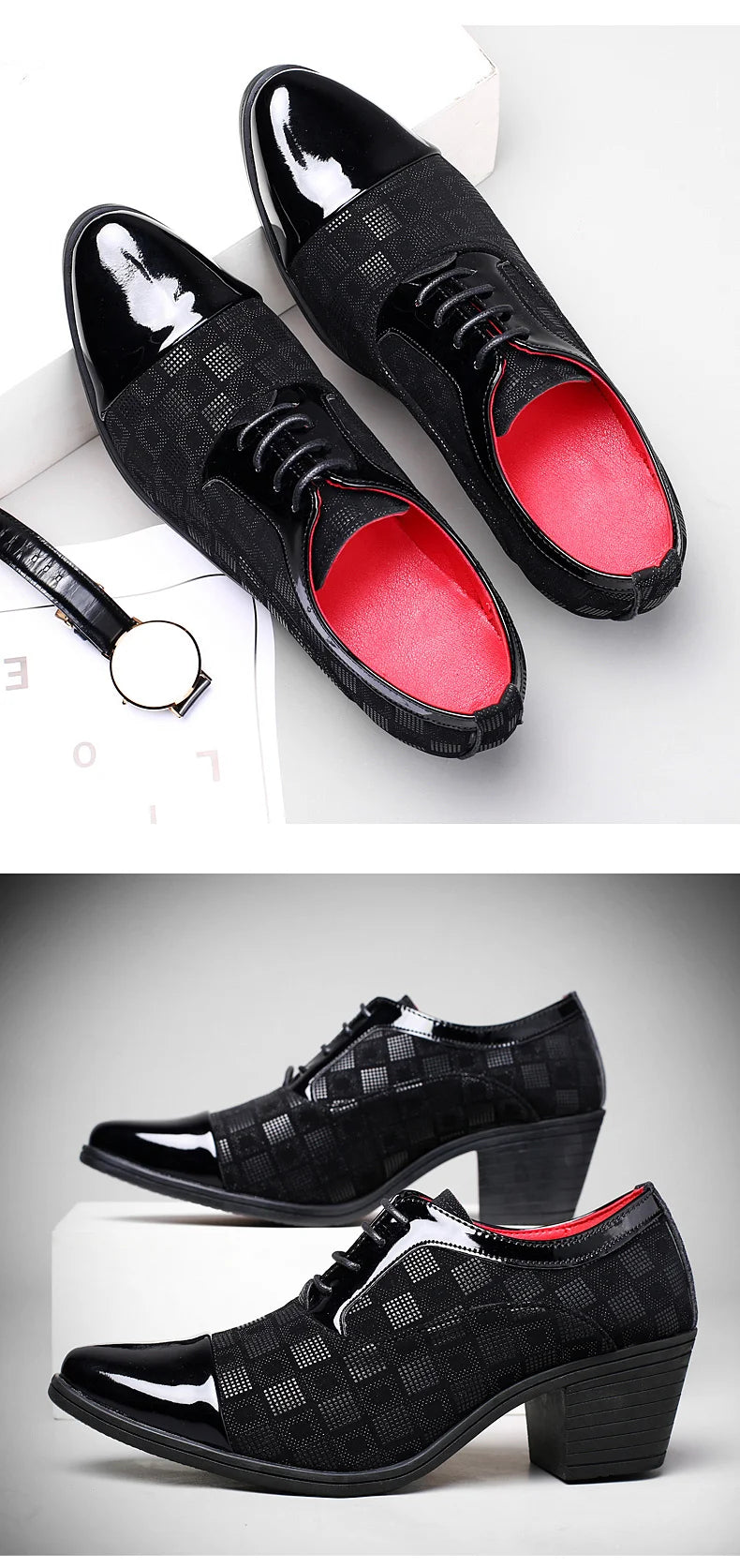 New Fashion Red Plaid Men's Dress Shoes Pointed Leather High Heel Shoes Men Height Increasing Wedding Shoes Men Zapatos Hombre