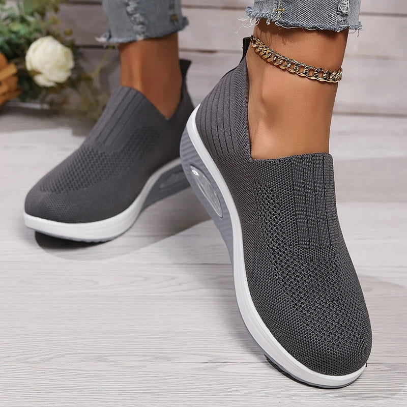 Women's Mesh Breathable Casual Sneakers Knitting Slip On Platform Sports Shoes for Women Comfortable Air Cushion Walking Shoes