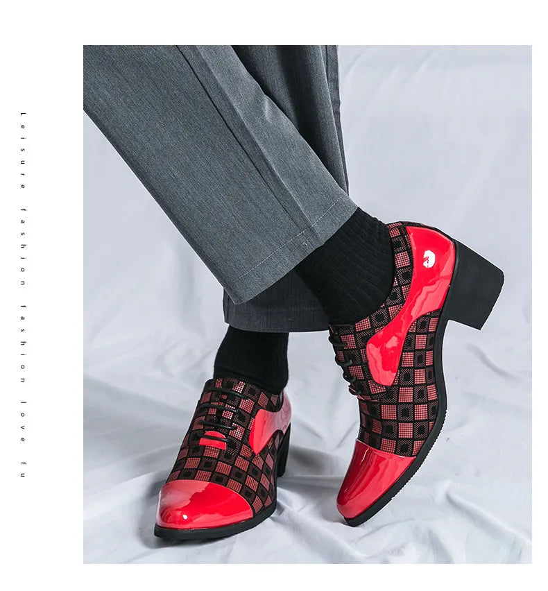 2022 New Fashion Blue Plaid Men's High Heel Shoe Pointed Leather Dress Shoes Men Lace-up Wedding Shoes Men zapatos hombre vestir