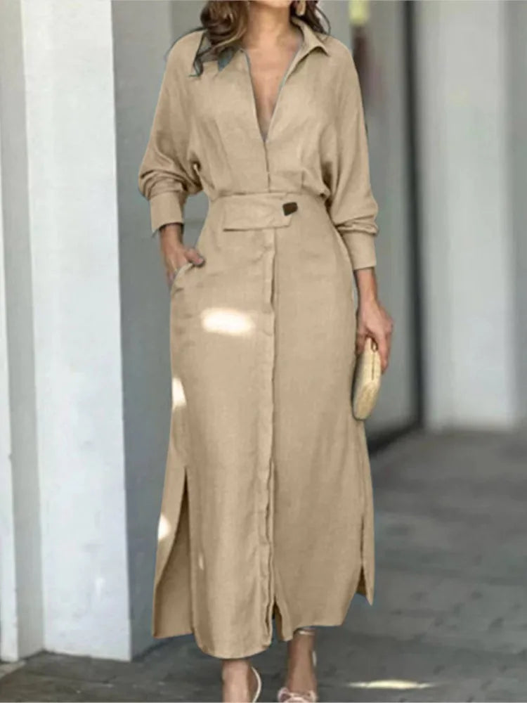 Fashion Dress For Women Luxury Elegant Solid Color Dress 2023 Autumn Party Slip Pockets Long Sleeve Irregular Shirt Dresses