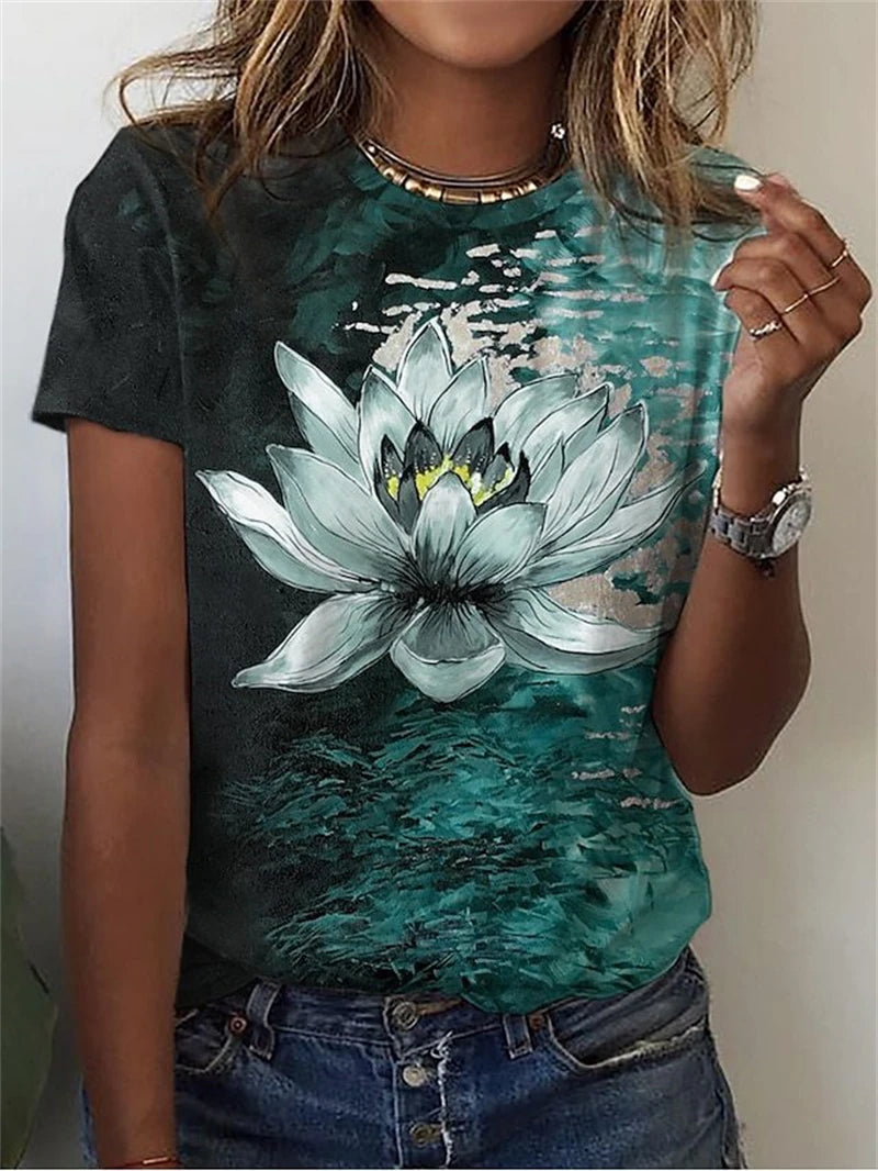 Women's T-Shirts Summer Fashion 3d Flowers Print Short Sleeve Top Female Clothing Oversized Tees Harajuku Graphic T Shirts