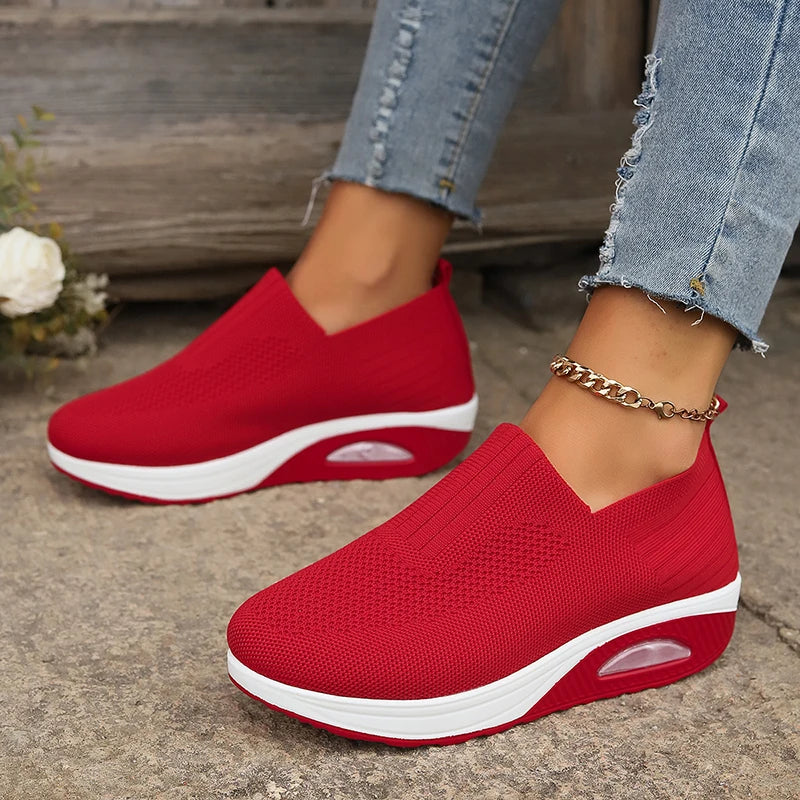 Women's Mesh Breathable Casual Sneakers Knitting Slip On Platform Sports Shoes for Women Comfortable Air Cushion Walking Shoes