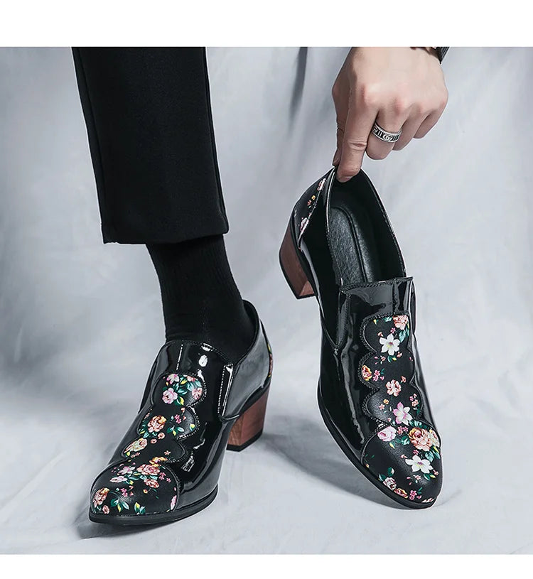 Classic Fashion Printed Men's High Heel Shoe Big Size 46 Pointed Leather Shoes Men Slip-on Wedding Shoes for Men zapatos hombre