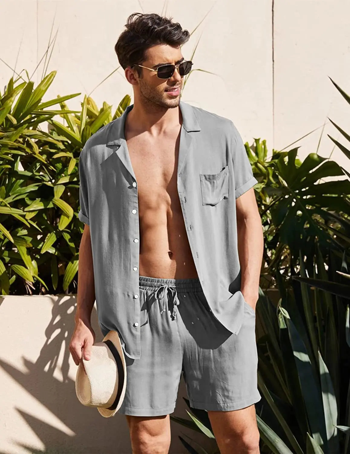 2024 Summer Casual Short-sleeved Linen Shirts Mens Shorts Loose Sweatpants Men Clothes Sweatshirts 2 Pieces Suits Tracksuit 3XL