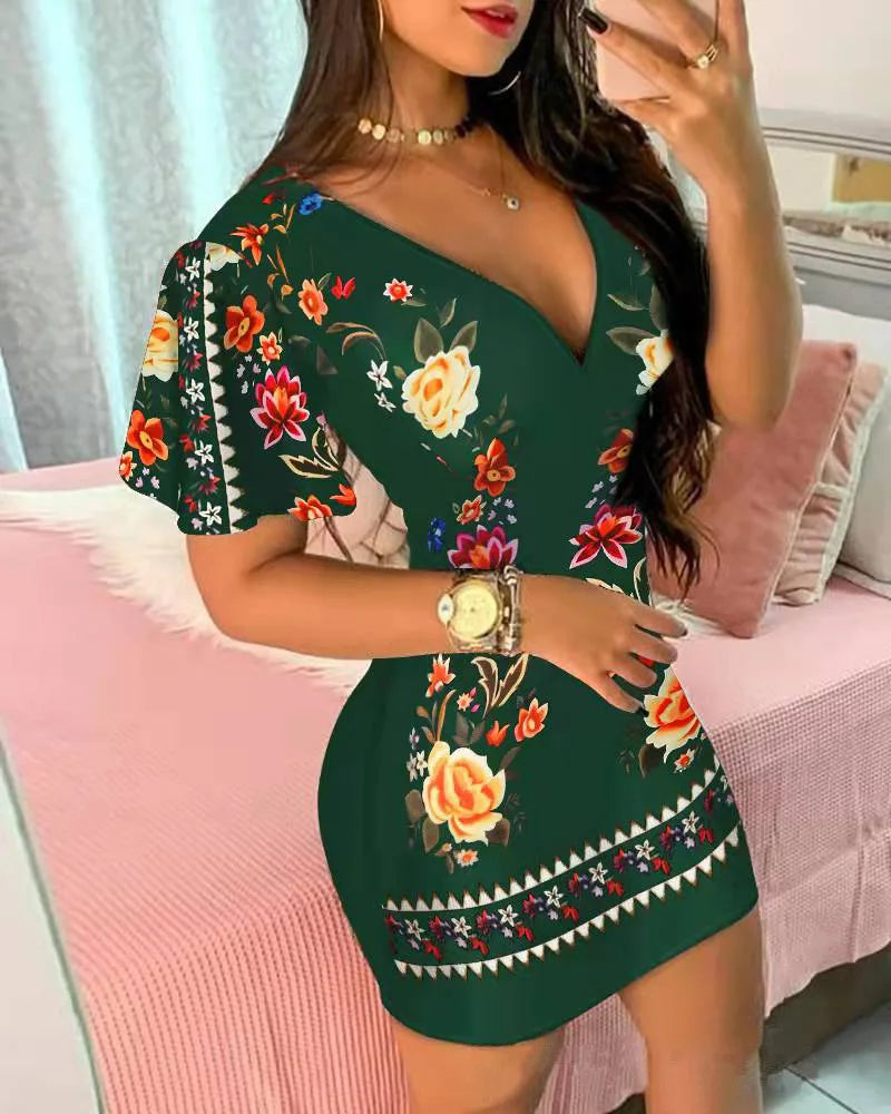 Summer Elegant Floral Print Bodycon Mini Dress Women 2024 Fashion Sexy Deep V-neck Package Hip Dresess Office Lady Party Dress