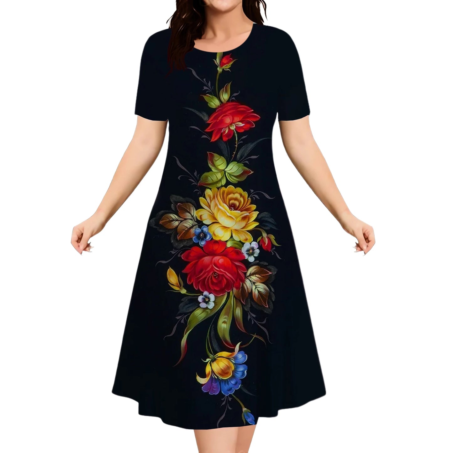 Casual Every Day Wear Flower Print Dress Women Plus Size Short Sleeve Loose Dress Summer Fashion Round Neck Street Elegant Dress