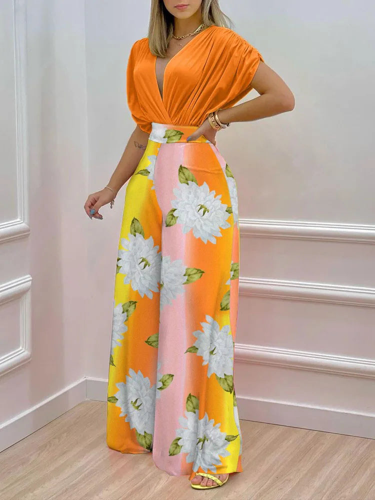 Casual V Neck Tops Loose Pants Outfits Elegant Femme Print Summer Pants Two Piece Set Vintage Women Wide Leg Pants Matching Suit