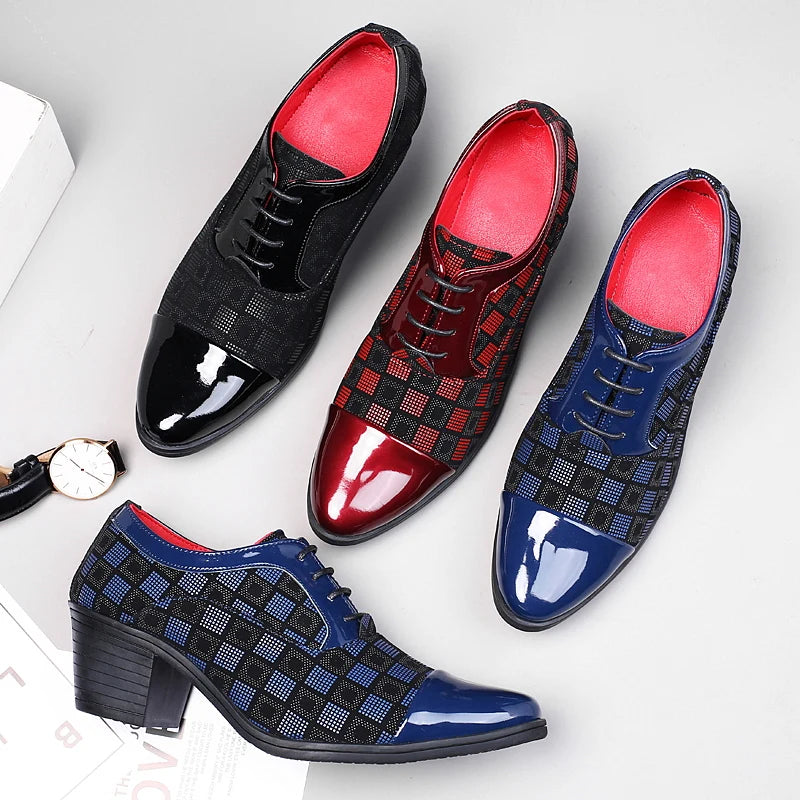 New Fashion Red Plaid Men's Dress Shoes Pointed Leather High Heel Shoes Men Height Increasing Wedding Shoes Men Zapatos Hombre