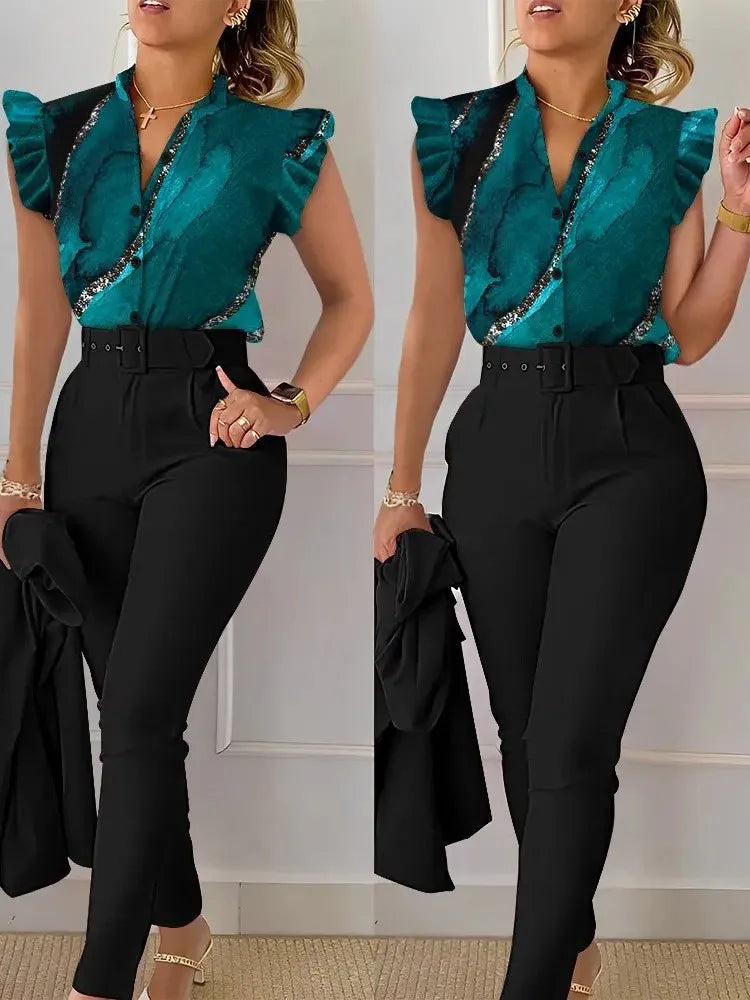 Women Slim Two-Piece Sets Summer Elegant Fashion Print V Neck Button Flying Sleeve Shirt Top & Solid Long Pants Suits With Belt