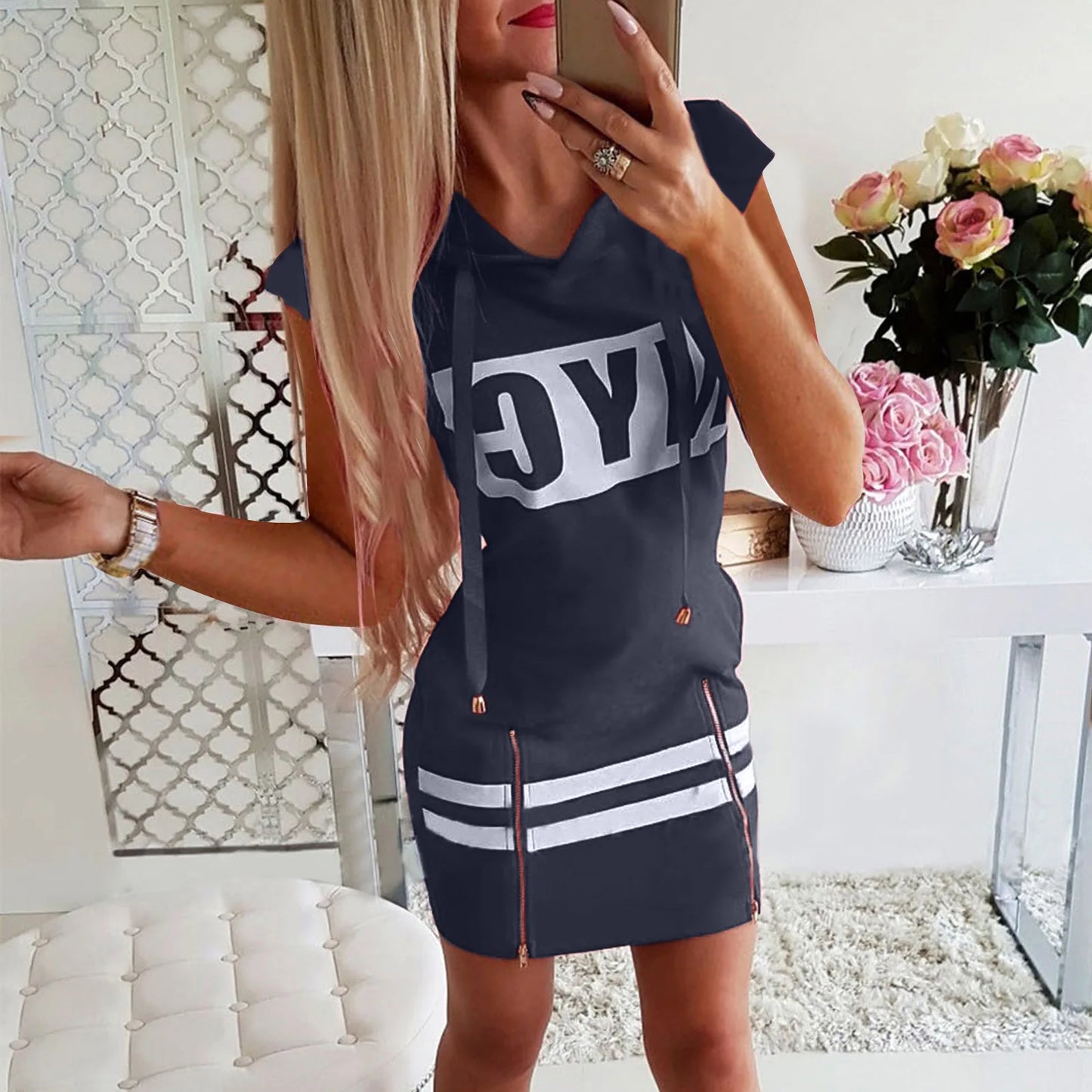 2022 Hooded Women Summer Dress Short Sleeve Letter Print Zipper Bandage Hoodies Lady Casual Sport Bodycon Vestidos Mini Dresses