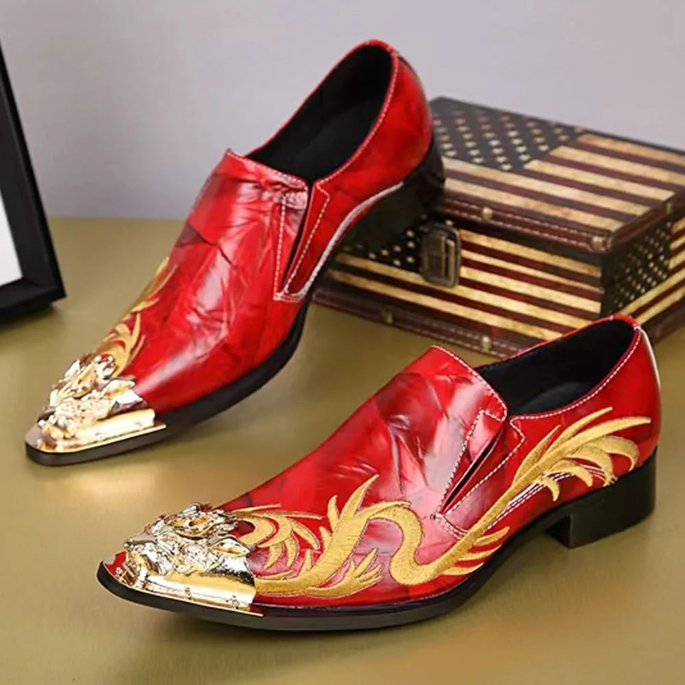 Spring Autumn Pointed end Gold ornaments Shoes and Hats Stamp Cowhide Shoes Rivet Marry Walk Show Nightclub Men's Shoes