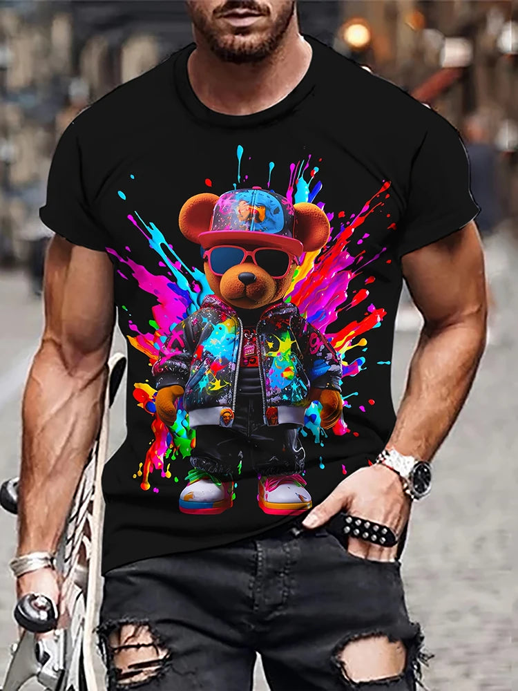 Hip-hop Style Cartoon Bear Print Men's T-shirt Summer Casual Everyday Top Urban Street Fashion Men's Oversized Short Sleeve Tees