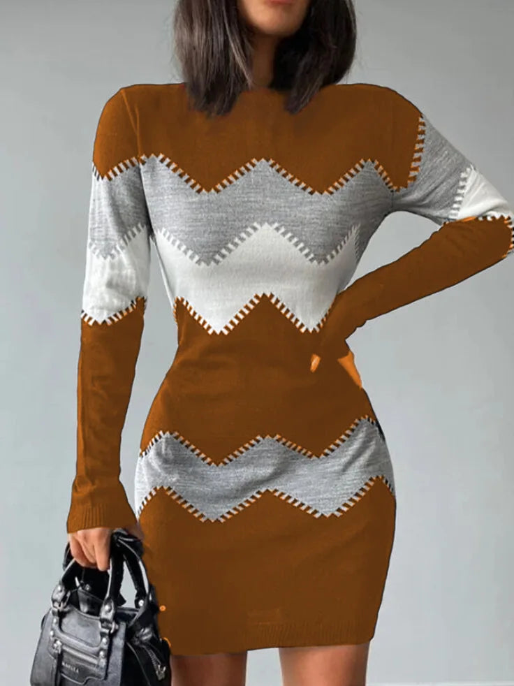 Autumn Winter Women Fashion Print Slim Dress 2024 Female Long-sleeve O-neck Elegant Bodycon Package Hips Mini Dresses Vestidos